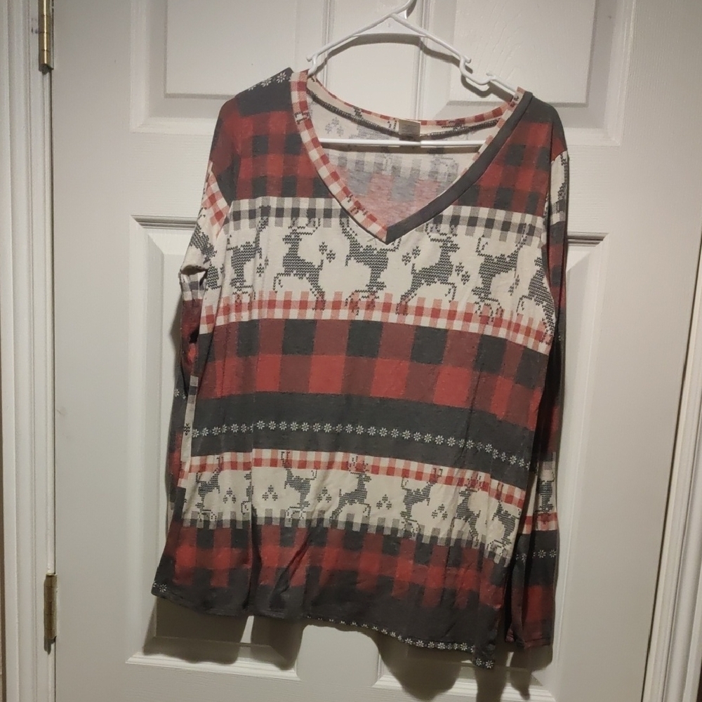 Sew In Love V Neck Reindeer And Plaid Long Sleeve Shirt